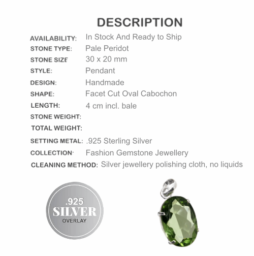 Faceted Pale Peridot Oval Gemstone .925 Silver Pendant - BELLADONNA