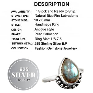 Handmade Natural Labradorite Gemstone.925 Silver Ring Size US 7.5 or P