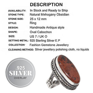 Natural Mahogany Obsidian Gemstone .925 Silver Ring Size US 7/ UK O