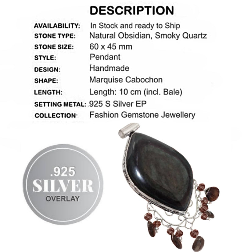 Natural Grey Obsidian, smoky quartz Gemstone .925 Sterling Silver Pendant