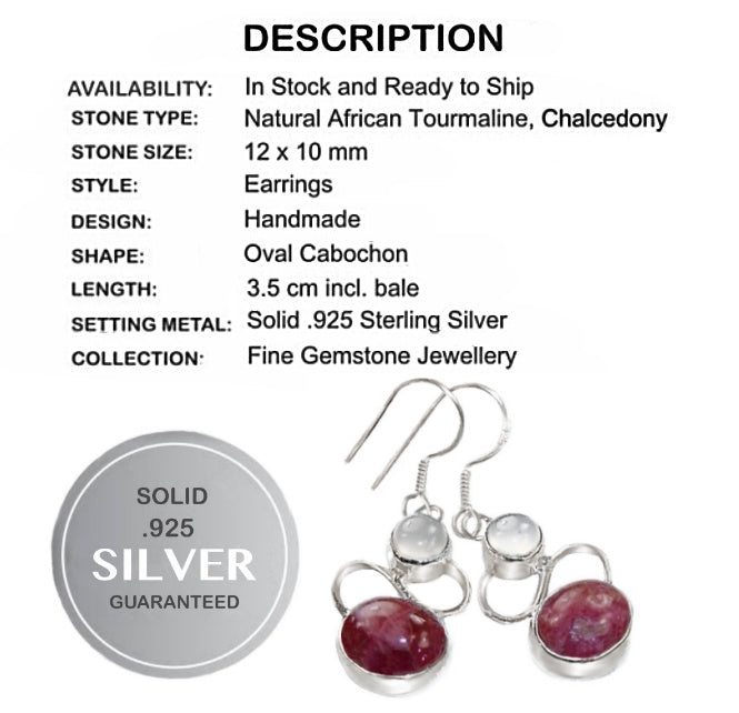 Natural  African Tourmaline, Chalcedony Gemstones . 925 Sterling Silver Earrings