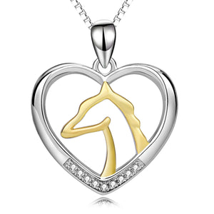 Horse Lovers Two Tone Heart Horse Head with White Cubic Zirconia 925 Sterling Silver Necklace - BELLADONNA