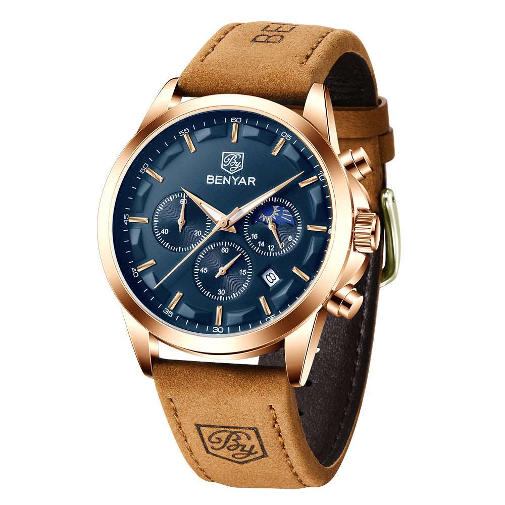 BENYAR Masculine Multi-function TIming Quartz Wrist watch with Leather Strap - BELLADONNA