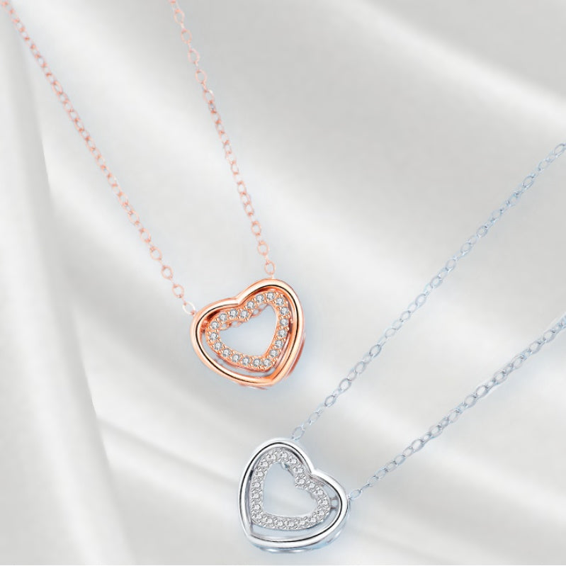 Heart To Heart AAA White Cubic Zirconia S925 Sterling Silver Pendant Necklace in White or Rose Gold