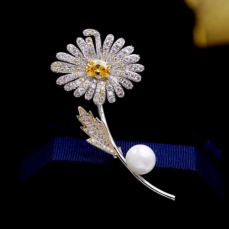 ELegant White Cubic Zirconia, Pearl and Crystal Flower Stem Brooch with Silver and Gold Plating - BELLADONNA