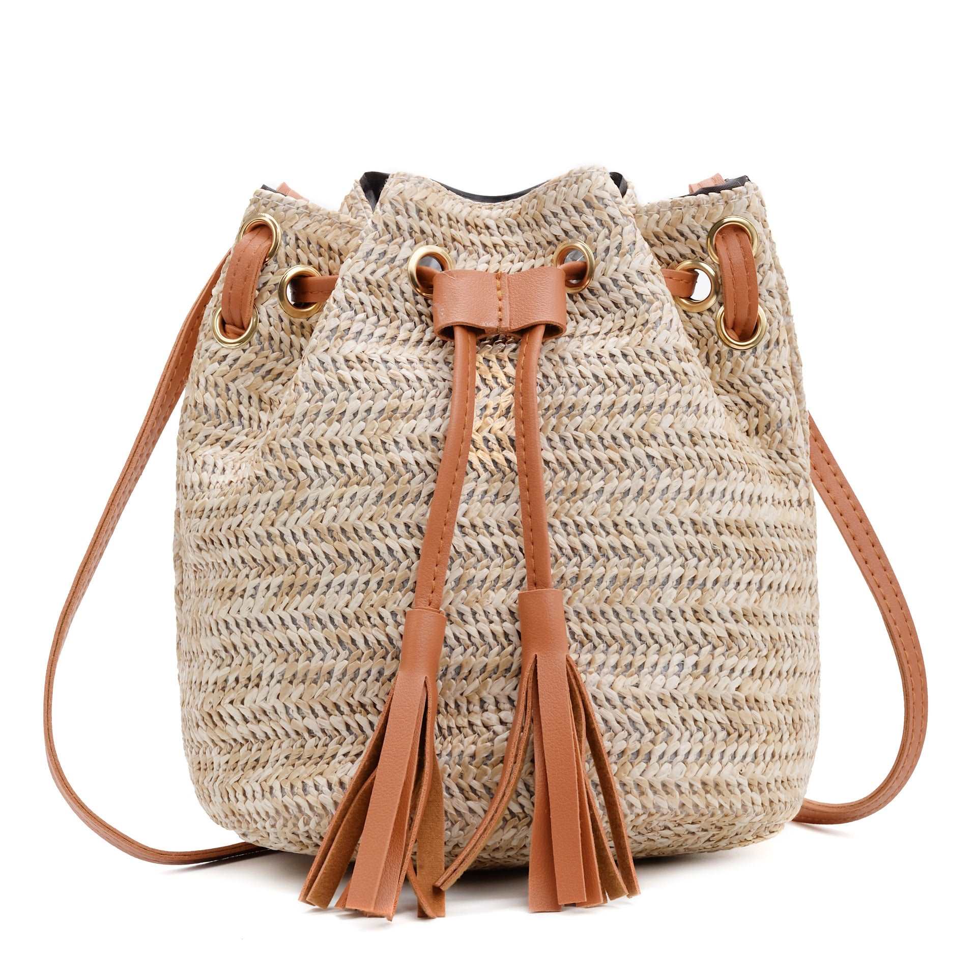 Holiday Beach Casual Woven Handbag with Leather Accents in Tan, Hot Pink, Pastel Pink - BELLADONNA