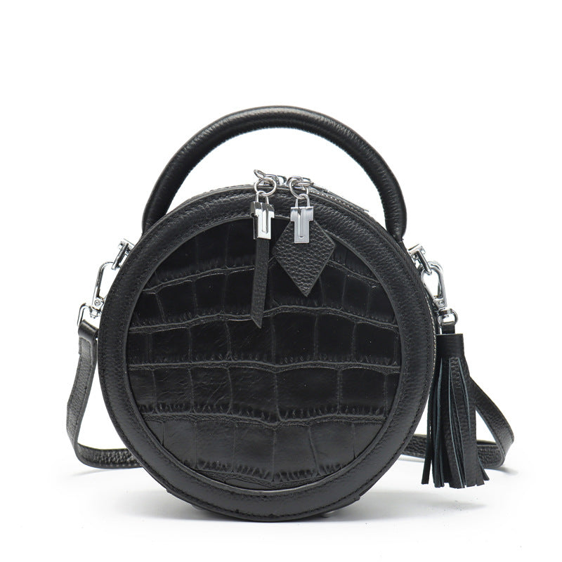 High End Fashion Genuine Leather Small Round Handbag in Duck Egg Blue, Beige Black and Red - BELLADONNA