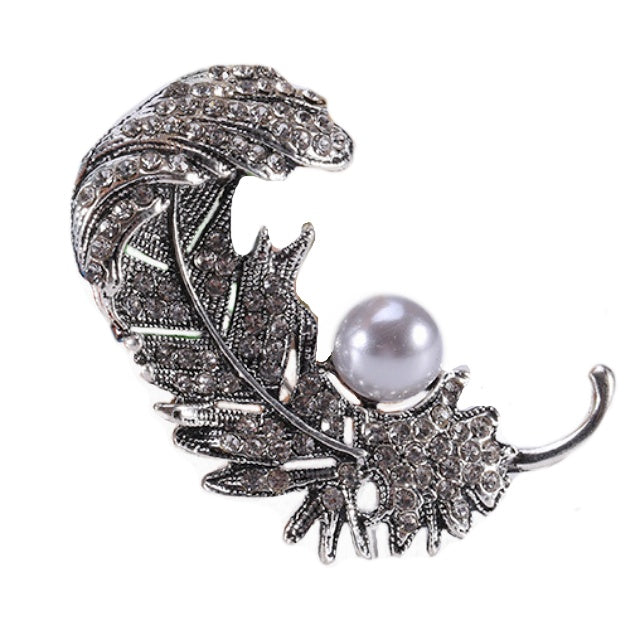 Stylish Fashion Pearl and Rhinestone Feather Brooch in Gold or Silver - BELLADONNA