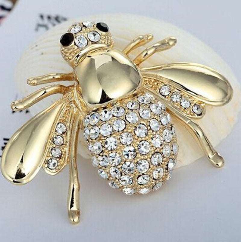 Cute White Cubic Zirconia Bee Brooch in Gold, Silver or Black and Gold - BELLADONNA