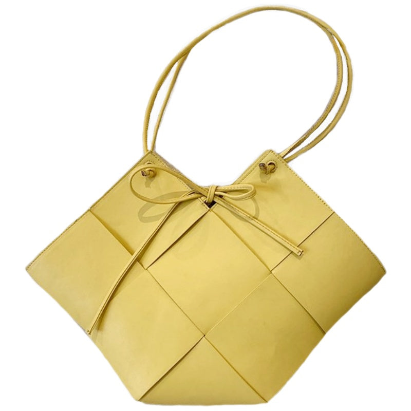 Top Trend Genuine Leather Woven Style Tote Handbag in Black, White or Tapioca Yellow