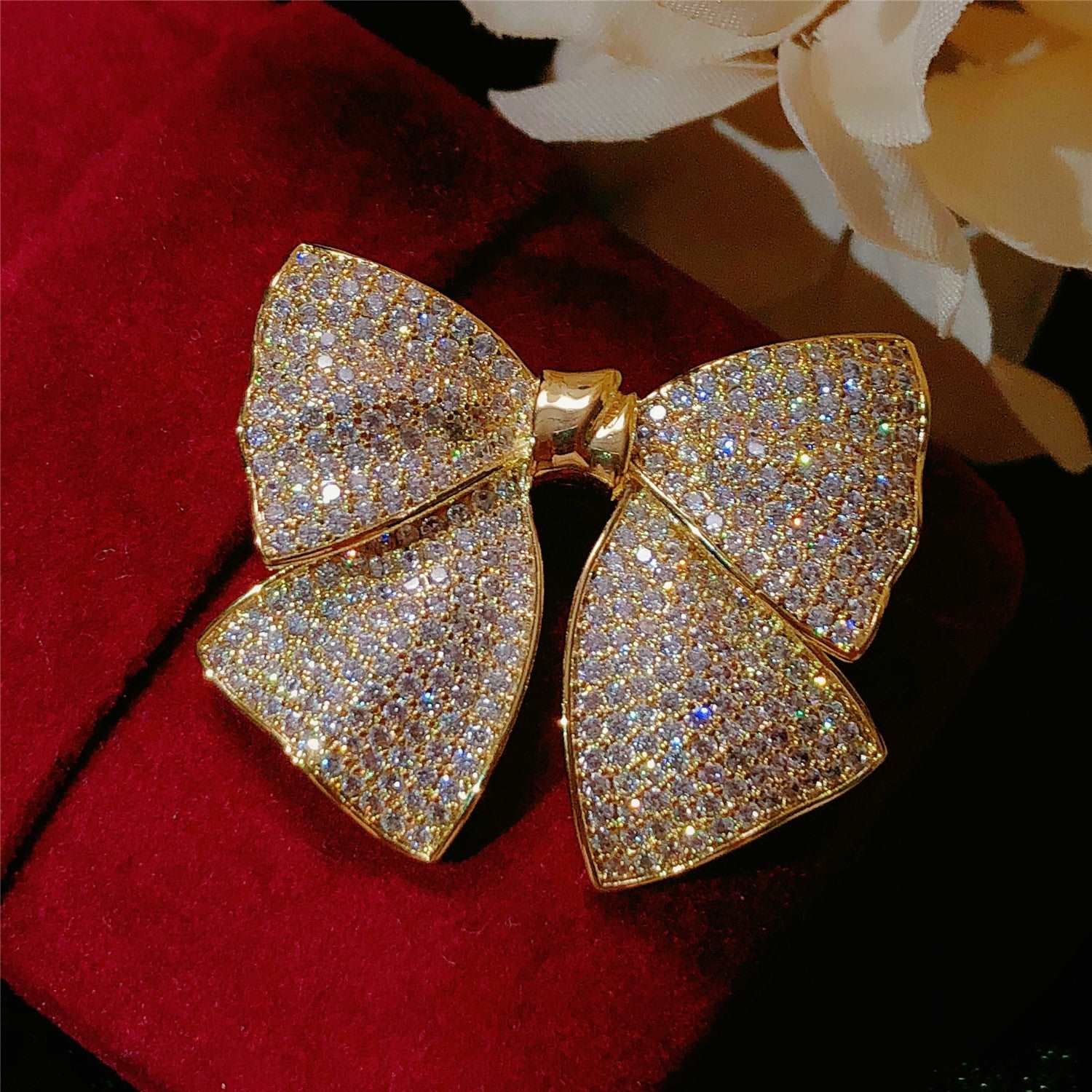 Feminine White Cubic Zirconia Gold Bow Brooch Pin for Dresses, Coat or Scarf