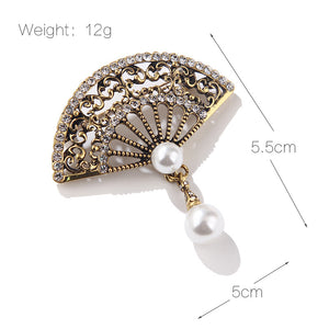 Intricate Rhinestone and Pearl with Ornate Detailing Fan Brooch for Coat Scarf or Shawl - BELLADONNA