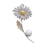 ELegant White Cubic Zirconia, Pearl and Crystal Flower Stem Brooch with Silver and Gold Plating - BELLADONNA