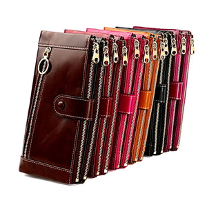 Trendy High-end Fashion Oil Waxed Genuine Leather Ladies Wallet in Plum, Black Brown, Wine Red,Tan