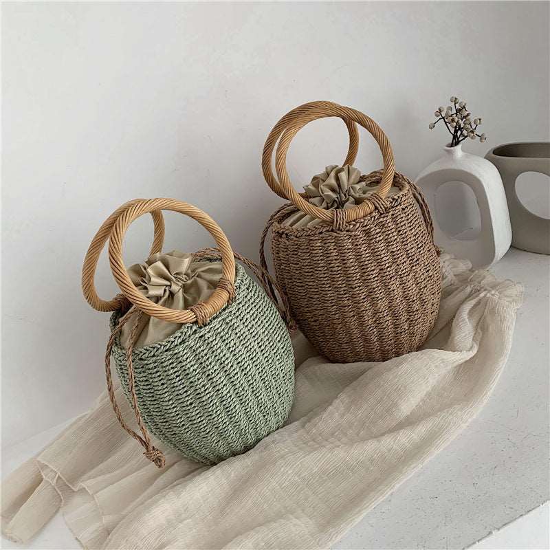 Handmade Woven Straw Pottery Shape Handbag or Knitting or Crochet Bag in Brown or Green - BELLADONNA