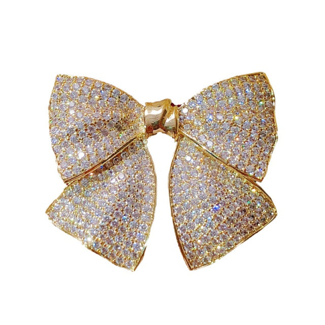 Feminine White Cubic Zirconia Gold Bow Brooch Pin for Dresses, Coat or Scarf - BELLADONNA