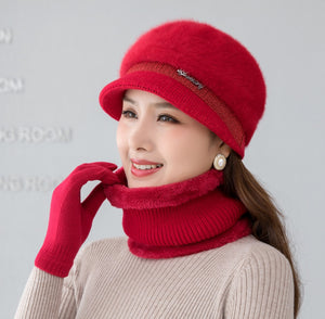 Stylish Three Piece Knit and Faux Fur Hat Scarf and Gloves Set in Beautiful Assorted Colours - BELLADONNA