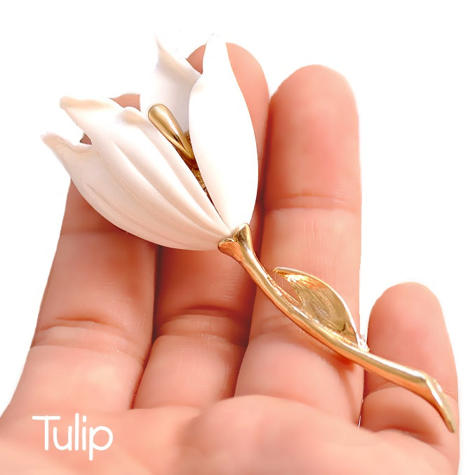 White with Gold Tulip Brooch for Scarf, Shawl or Lapel - BELLADONNA