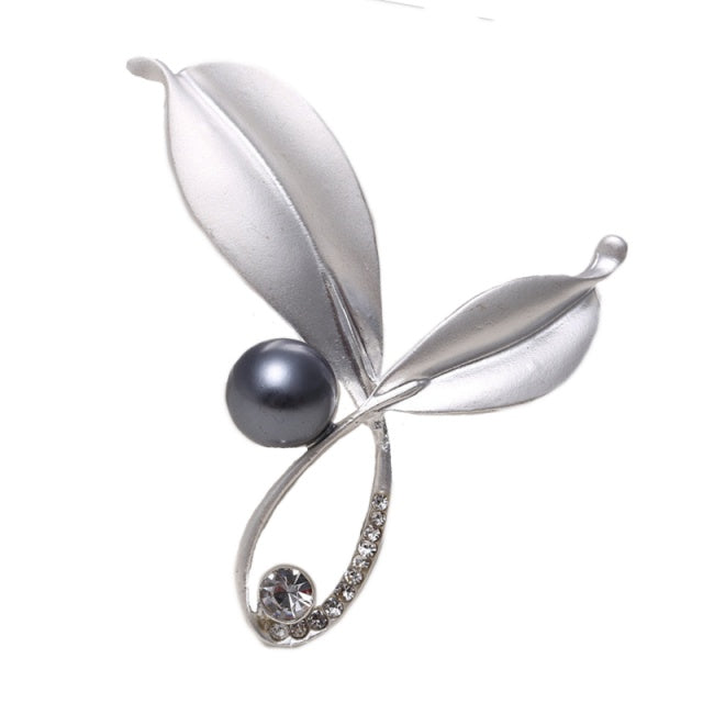 Modern Twig Leaf And Pearl Design with White Cubic Zirconia Brooch Pin in Gold or Silver - BELLADONNA