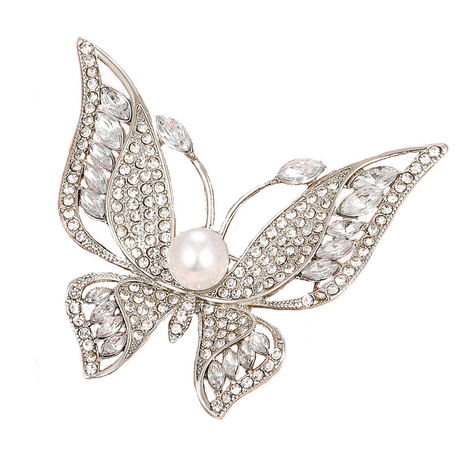 High Quality Diamond-studded and Pearl  Butterfly Brooch for Scarves and Shawls - BELLADONNA