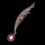 White Cubic Zirconia Feather Brooch with Drop Dangle Pear Gemstone in Silver and Blue or Gold and Rose Red - BELLADONNA