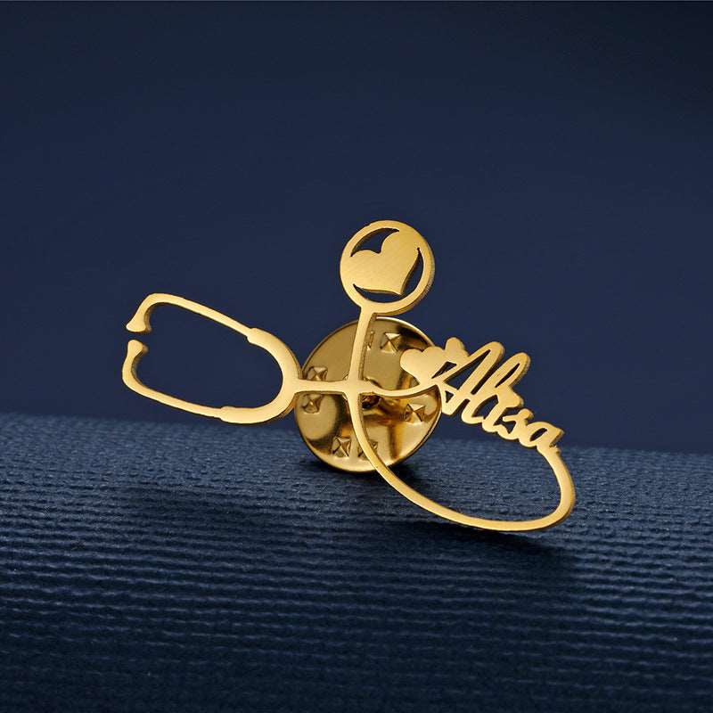Keepsake Customized Name Stainless Steel Stethoscope Brooch in Gold, Rose Gold and Silver - BELLADONNA