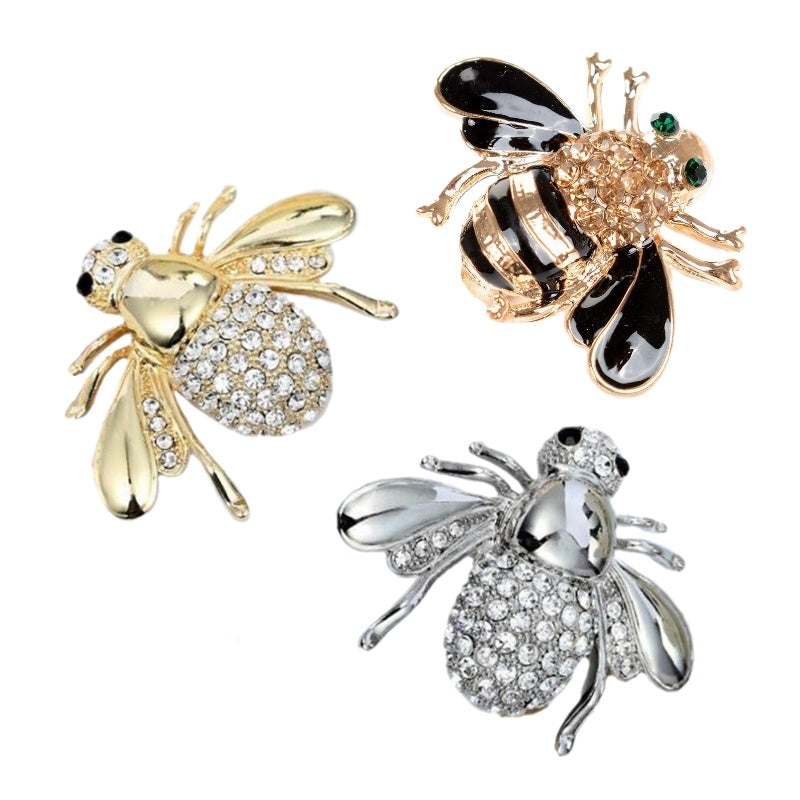 Cute White Cubic Zirconia Bee Brooch in Gold, Silver or Black and Gold - BELLADONNA