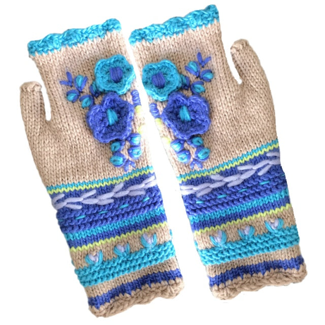 Women's Knitted and Hand Crocheted Warm Fingerless Gloves with Styled Accents and Patterns - BELLADONNA