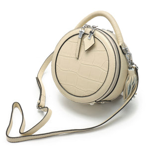 High End Fashion Genuine Leather Small Round Handbag in Duck Egg Blue, Beige Black and Red - BELLADONNA