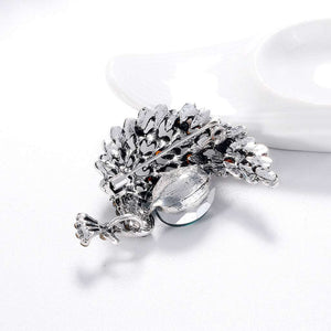 Enchanting White Cubic Zirconia and Crystal Peacock Silver Brooch