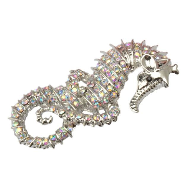 Ocean Series Iridescent AB Diamond Crystal Seahorse Silver Brooch - BELLADONNA