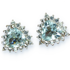 Natural Unheated Aquamarine Trilliant and White CZ Gemstone Solid .925 Sterling Silver Stud Earrings - BELLADONNA