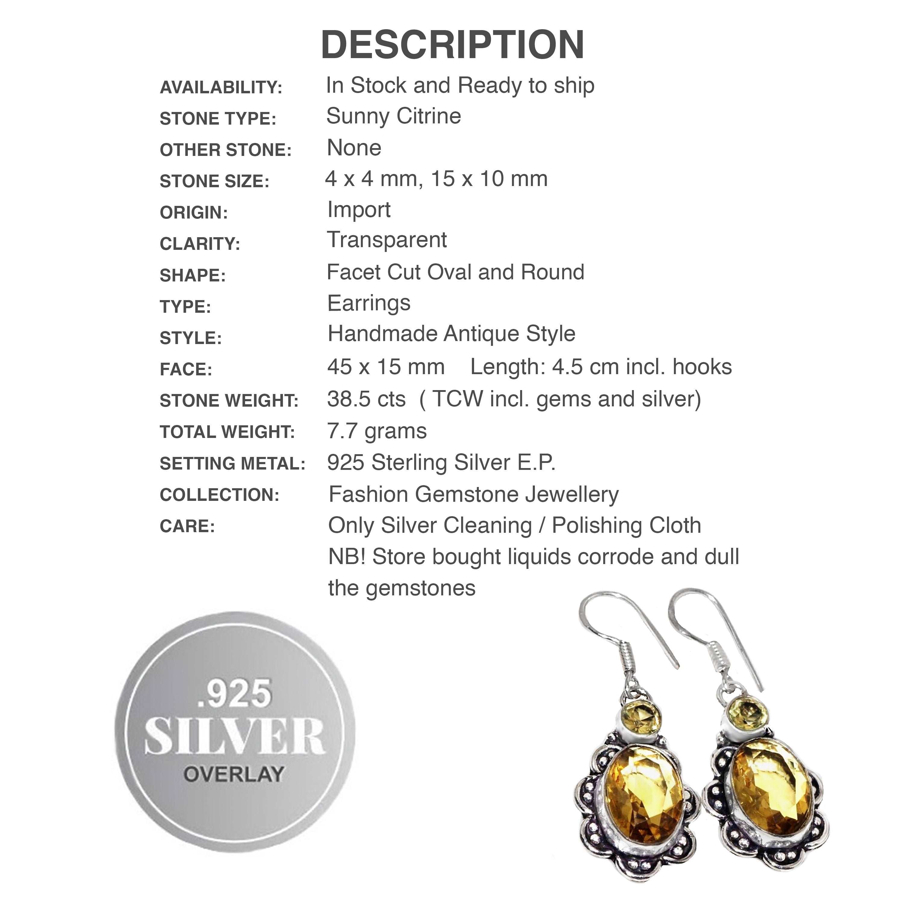 Handmade Antique Style Sunny Citrine Mixed Shape Gemstones .925 Sterling Silver Earrings