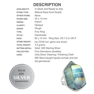Aqua Aura Quartz Gemstone Solid .925 Sterling Silver Ring Size 7.5 - BELLADONNA
