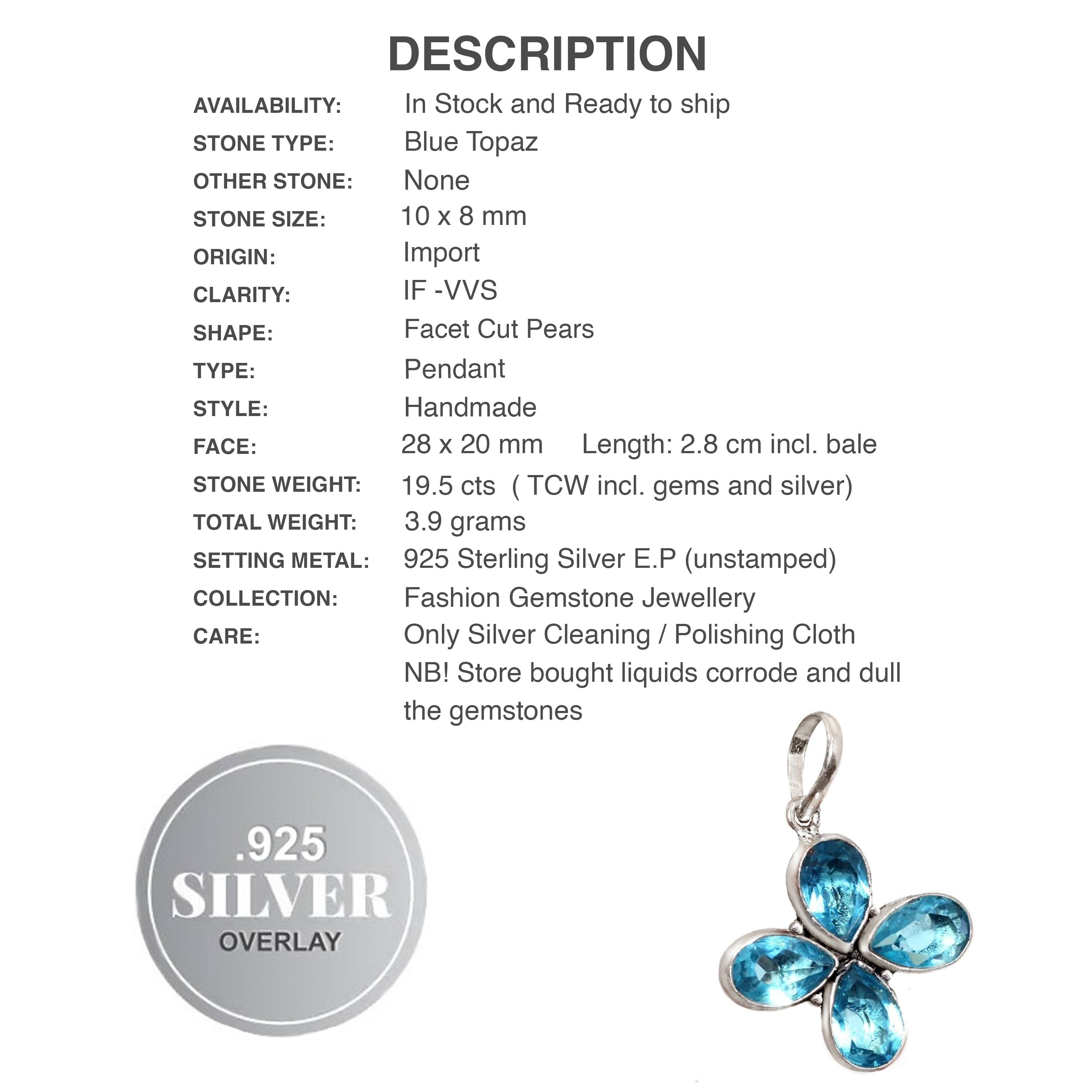 Handmade Blue Topaz Pears Gemstone .925 Sterling Silver Pendant