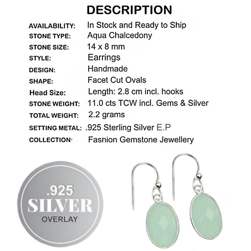 Dainty Aqua Green Chalcedony Oval .925 Silver Earrings