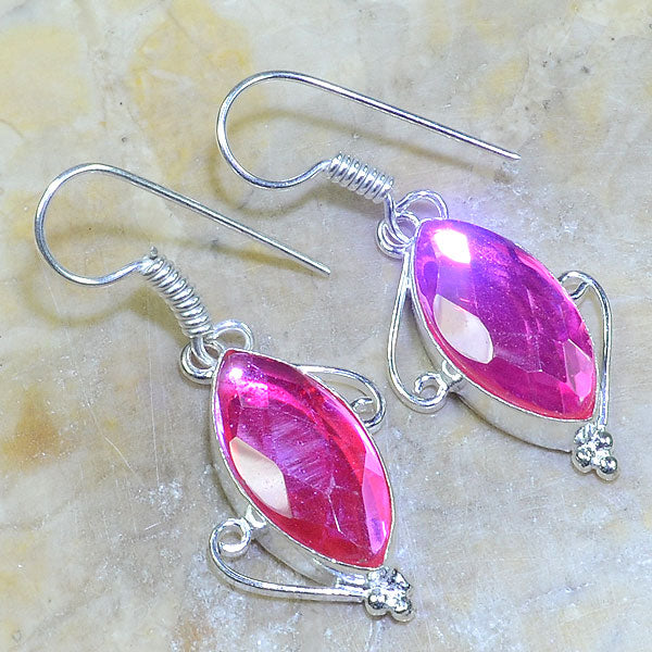 Handmade Pink Mystic Fire Topaz Gemstone .925 Sterling Silver Earrings