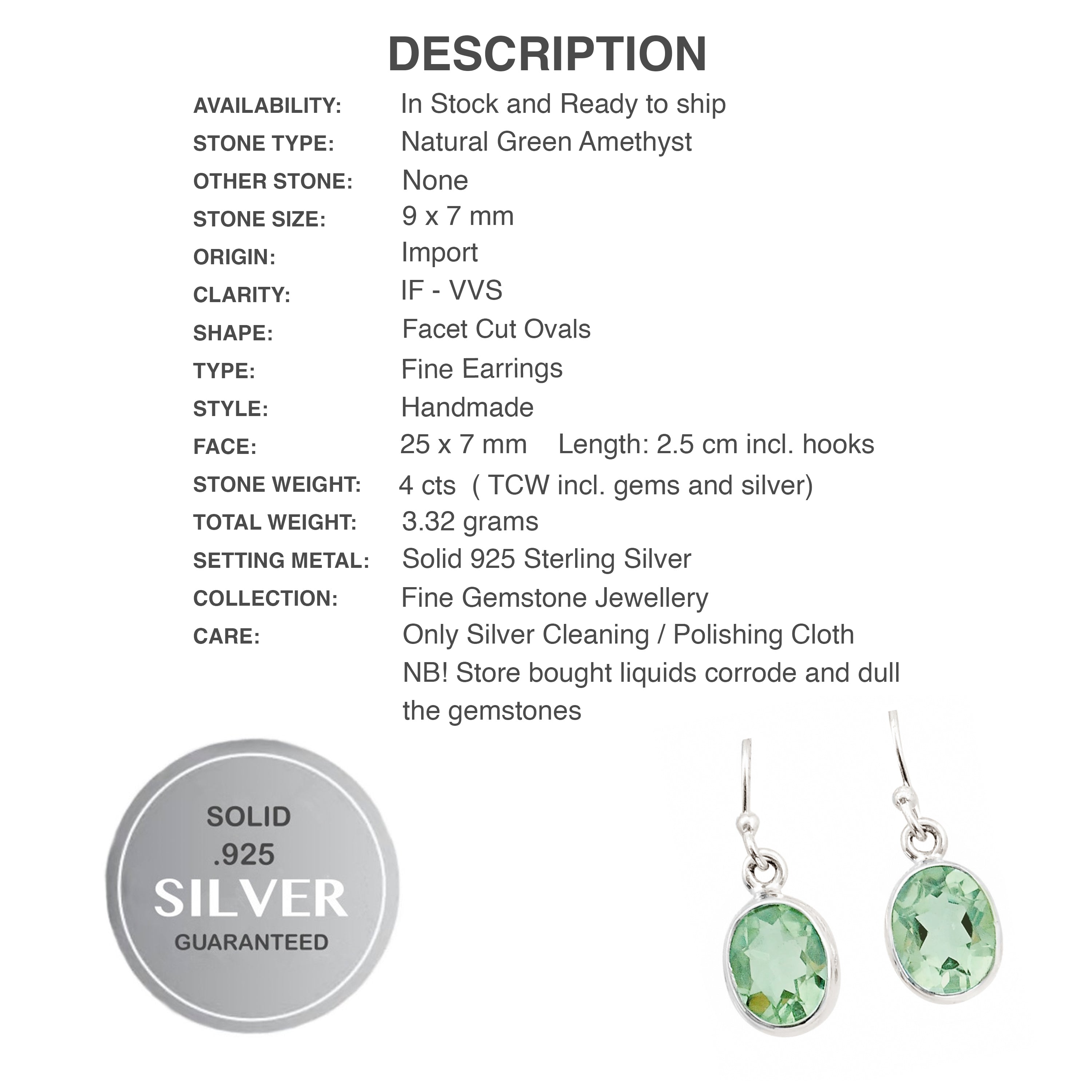 Dainty Natural Green Amethyst Oval Gemstone Solid .925 Silver Earrings
