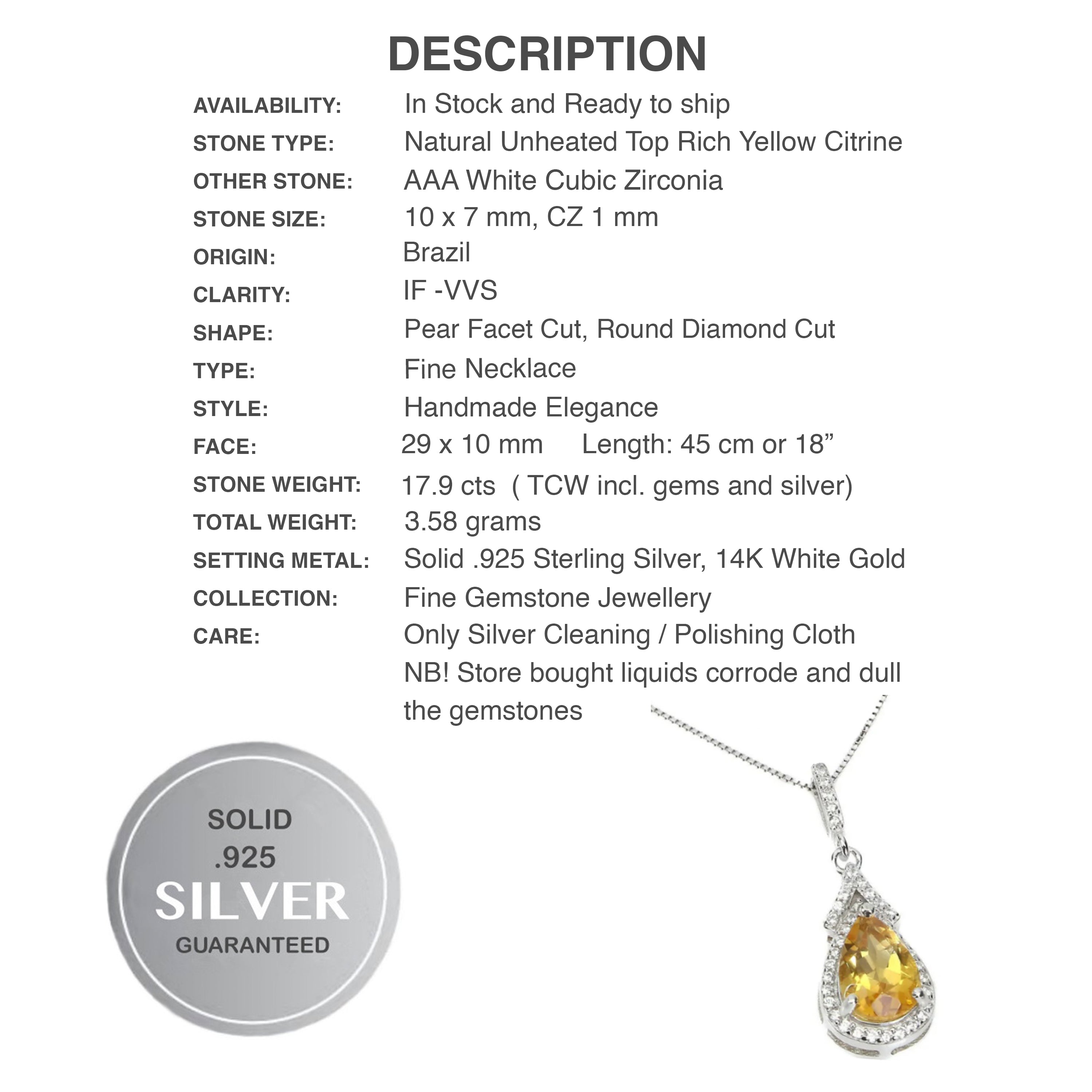Deluxe Natural Unheated Citrine, White Cubic Zirconia Gemstone Solid .925 Sterling Silver Necklace - BELLADONNA