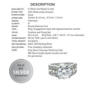 28 cts AAA Diamond Cut White Cubic Zirconia Engagement Solid .925 Sterling Silver Ring Size US 7 / UK O