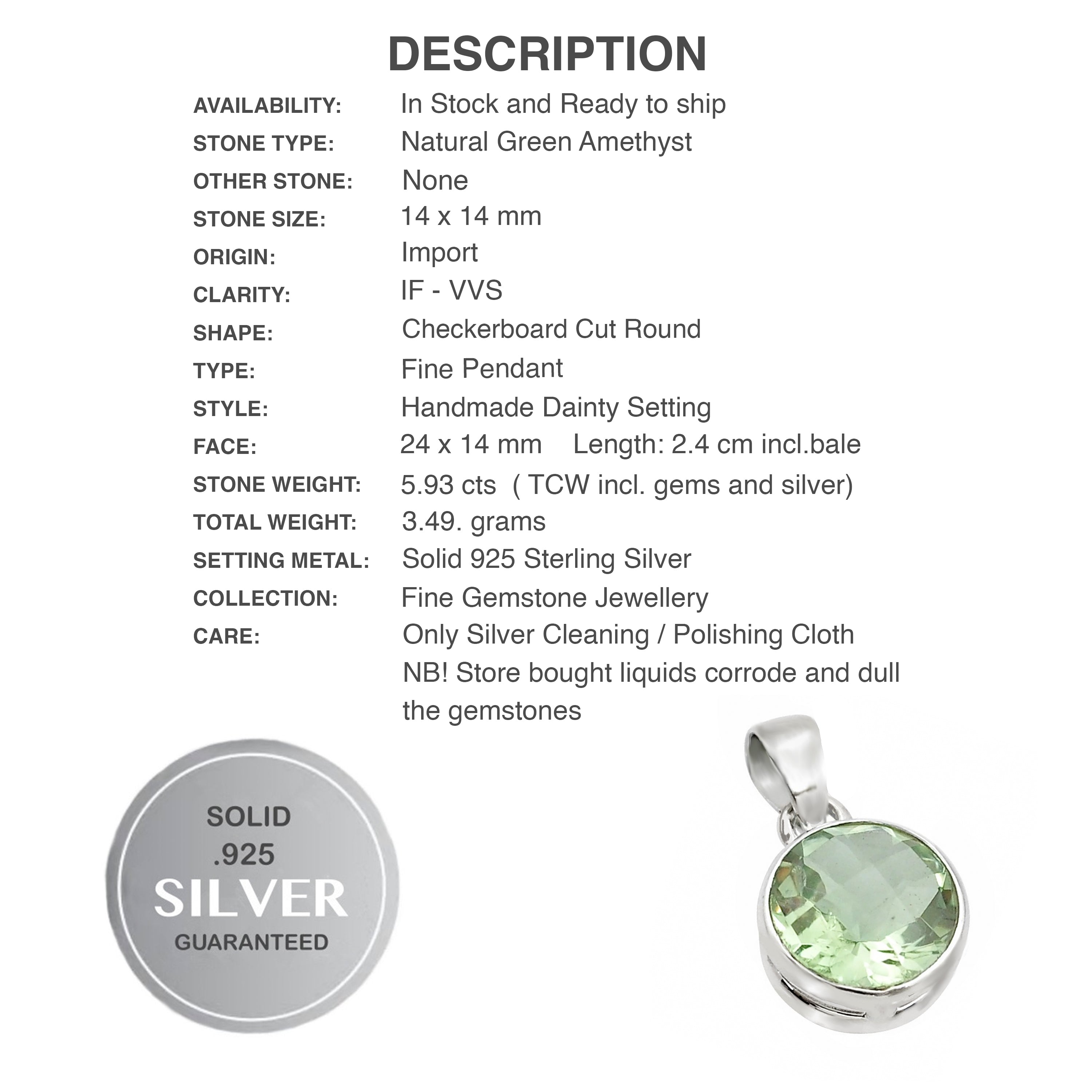 Handmade Natural Green Amethyst (Prasiolite) Round Gemstone .925 Silver Pendant Necklace