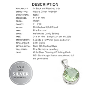 Handmade Natural Green Amethyst (Prasiolite) Round Gemstone .925 Silver Pendant Necklace