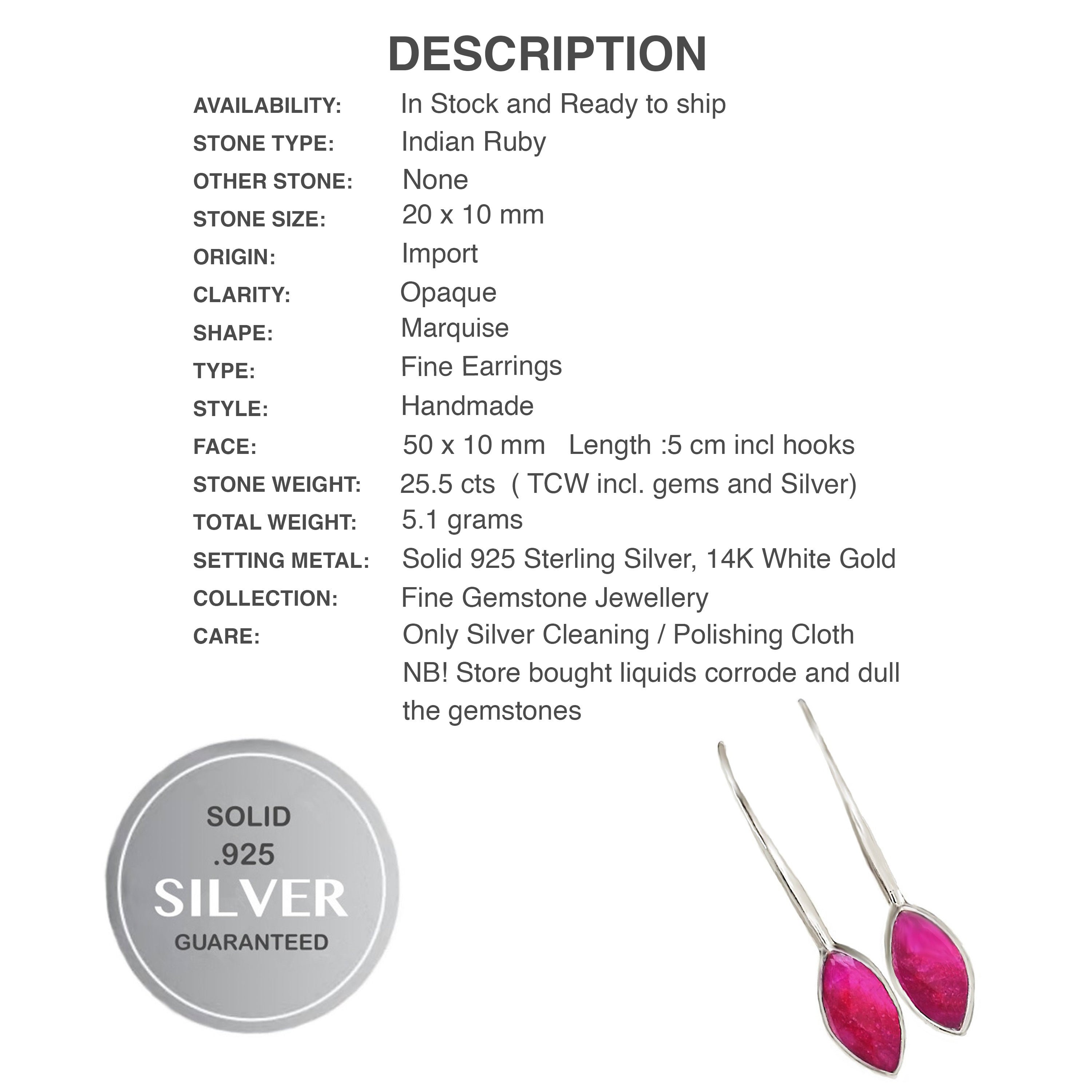 Elegant Handmade Indian Ruby Gemstone Solid .925 Sterling Silver Long Earrings