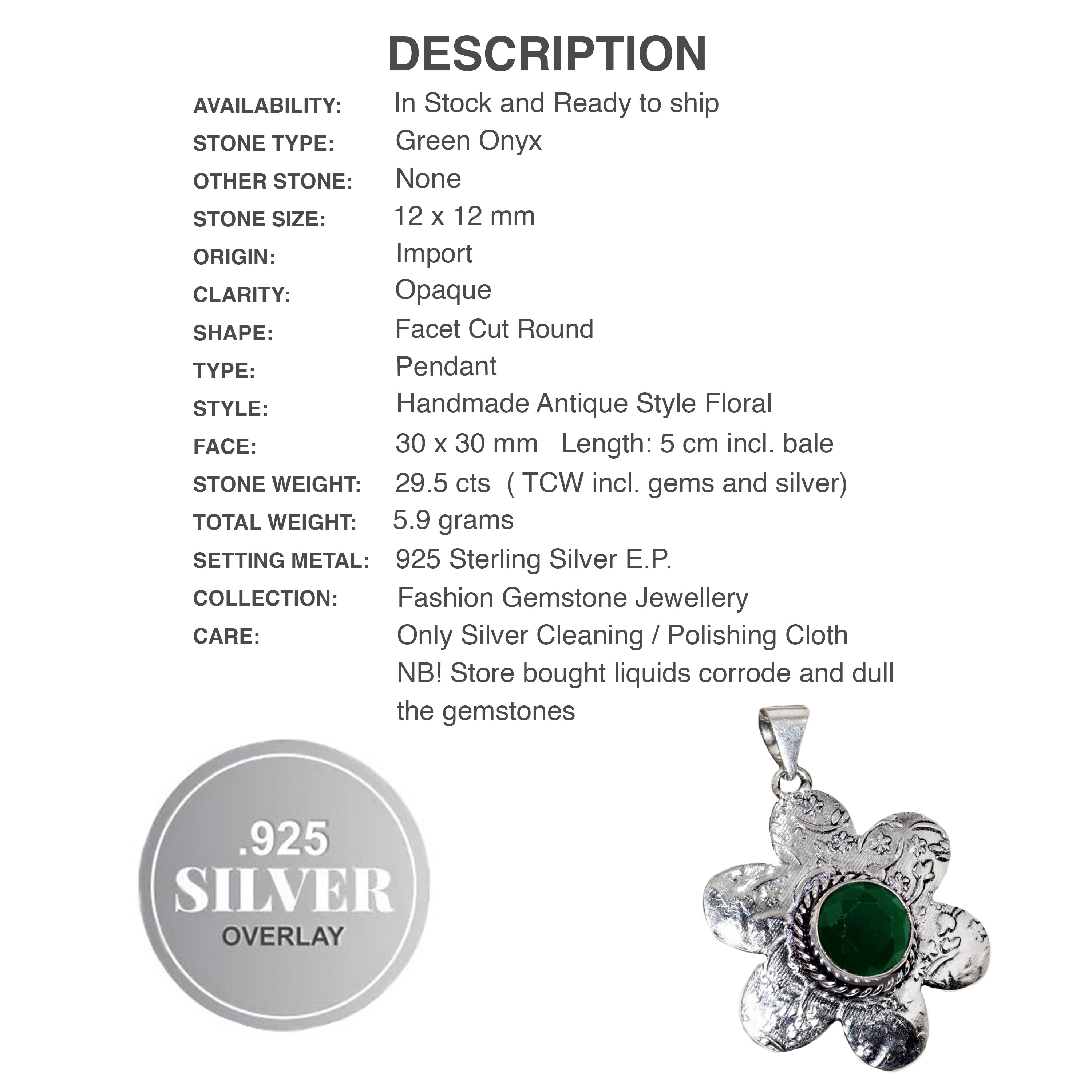 Handmade Green Onyx Floral Shape Gemstone 925 Sterling Silver Pendant
