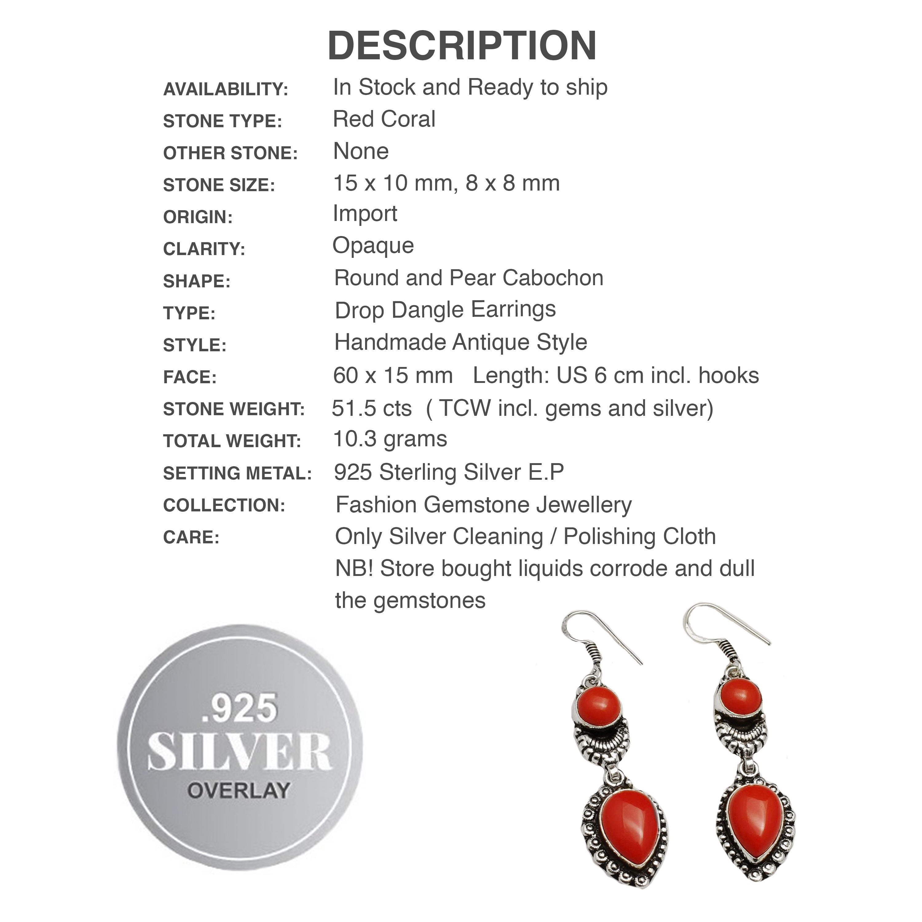 Handmade Antique Style Red Coral Mixed Shapes Gemstone .925  Sterling Silver EP Earrings