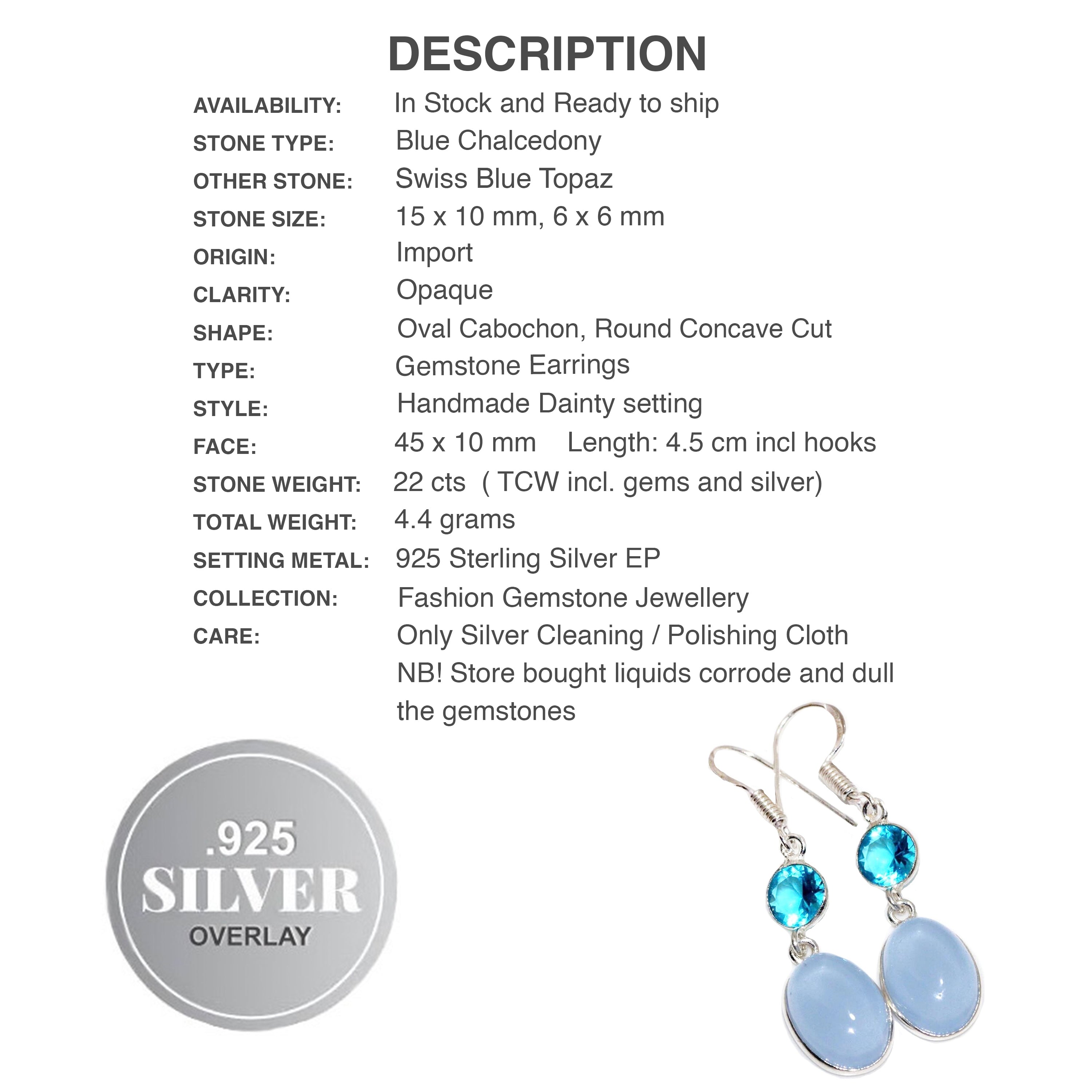 Handmade Blue Chalcedony and Swiss Blue Topaz .925 Sterling Silver Earrings