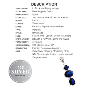 Handmade Mixed Shapes Sapphire Blue Quartz  Gemstone 925 Sterling Silver Pendant