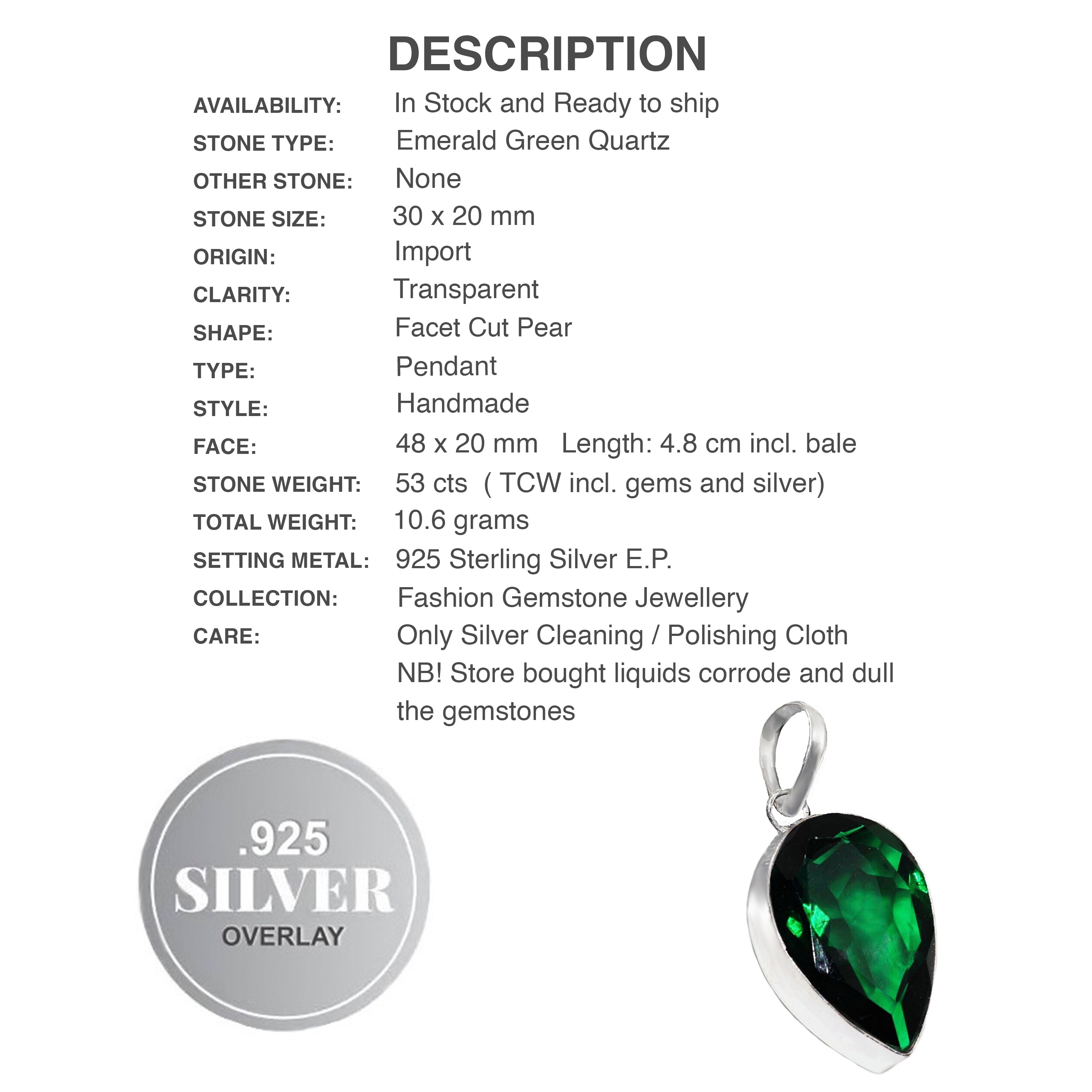 Handmade Emerald Quartz Pear Shape Gemstone  925 Sterling Silver Pendant