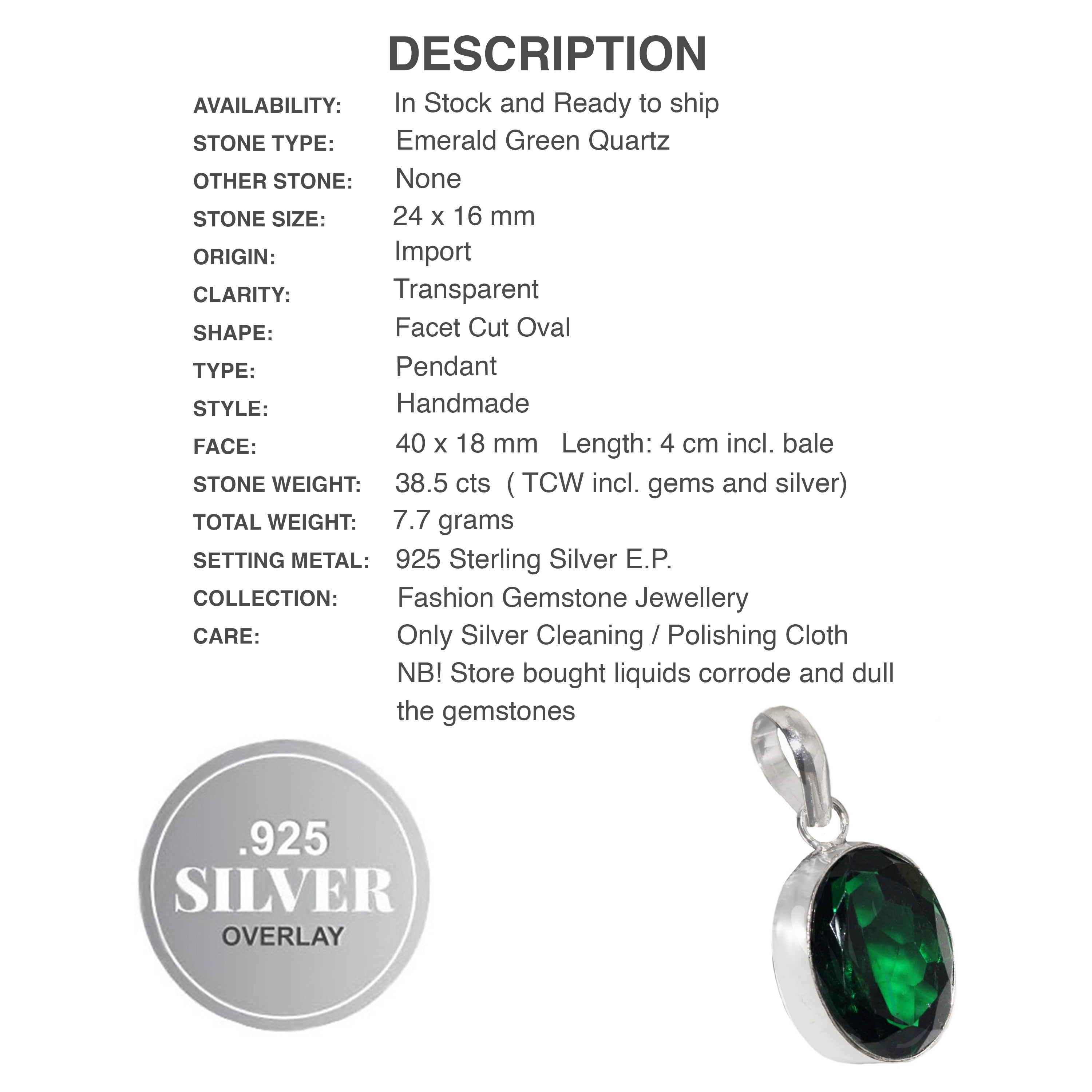 Handmade Emerald Quartz Oval Shape Gemstone 925 Sterling Silver Pendant