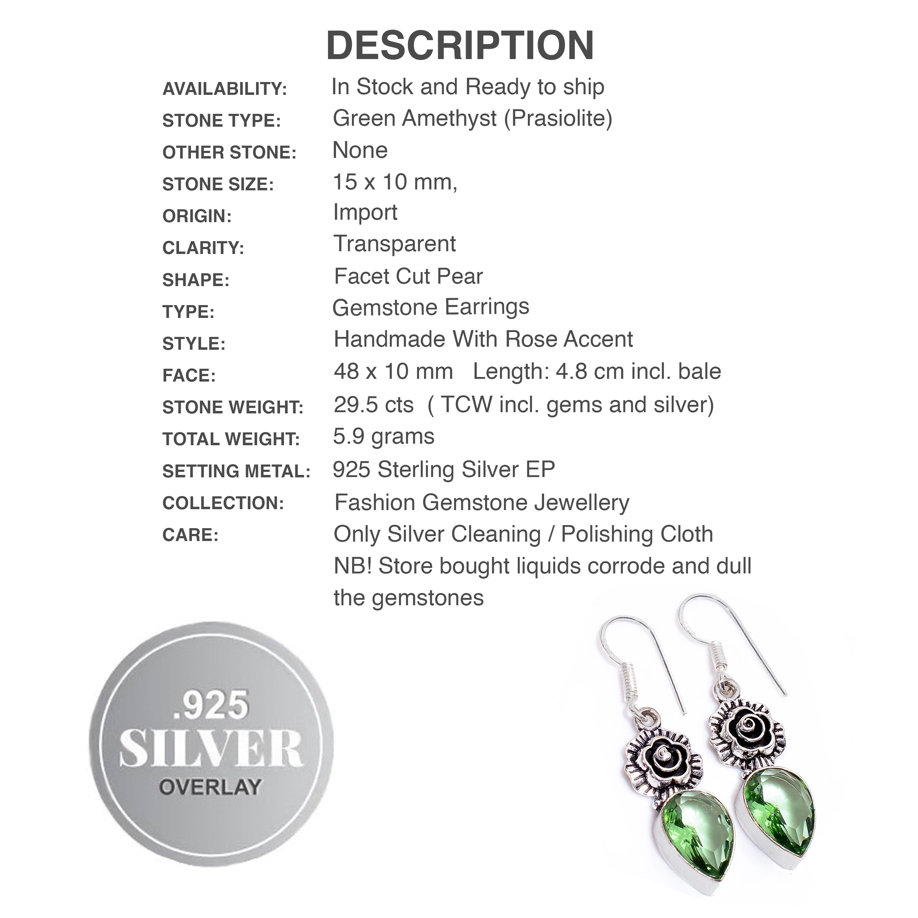 Handmade Green Amethyst Pear Shape Gemstone .925 Sterling Silver Earrings